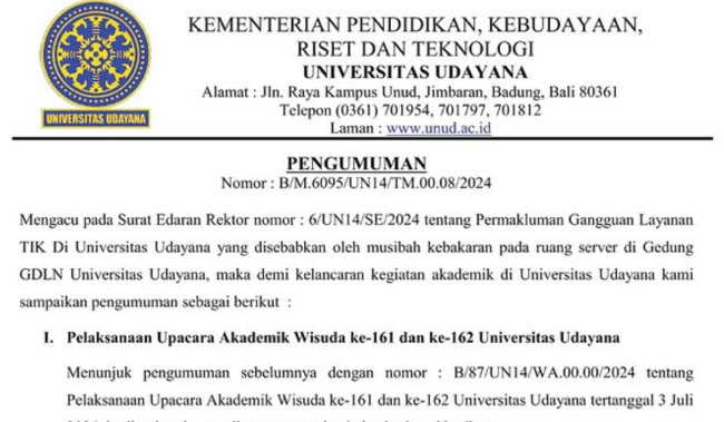 Pasca Kebakaran, Terbit Jadwal Wisuda Terbaru Universitas Udayana, Catat Tanggal dan Lokasinya