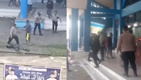 BENTROK APARAT - Terlihat dalam video viral, bentrokan anggota TNI AL vs Brimob terjadi di pintu keberangkatan penumpang di Pelabuhan Sorong.  Sejumlah anggota TNI AL dilaporkan mengalami luka-luka dampak dari benrtok dengan Brimob. -suara_networkjabar.