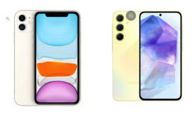 BATTLE SMARTPHONE - Dengan budget Rp5 Juta, bingung mau beli iPhone 11 atau Samsung Galaxy A55? Wajib simak penjelasan battle smartphone berikut ini. - Foto kolase dok. samsung.com dan ibox.co.id.