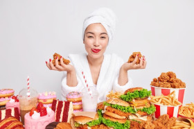MAKAN BANYAK - Ilustrasi seorang perempuan makan banyak. Perlu diketahui deretan penyakit yang mengincar perlu diwaspadai usai Lebaran. Ilustrasi/Freepik.