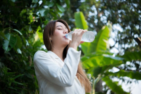 MANFAAT MINUM AIR PUTIH - Ilustrasi perempuan minum air di pagi hari. Berikut ini sejumlah manfaat mengawali pagi hari dengan minum air putih. Foto: Freepik.