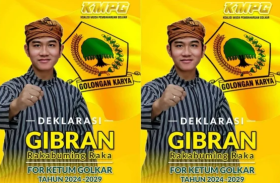 Foto istimewa yang beredar di grup-grup WA berisi gambar Gibran Rakabuming Raka sebagai kandidat Ketum Golkar.