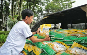 Ilustrasi - seorang pria merapikan beras ke dalam mobil. Bulog Jawa Barat menyebutkan stok beras cukup hingga Ramadan dan Idul Fitri. (Jabarprov.go.id).