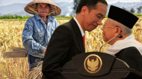 Kolase ilustrasi. Presiden Jokowi dan Wapres Ma'ruf Amin serta petani padi. (DoDo PHANTHAMALY)